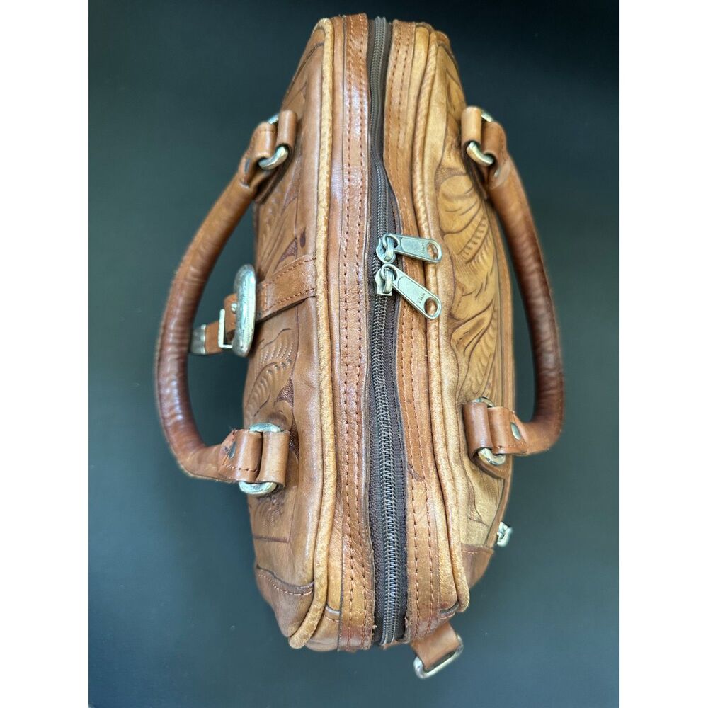Vintage Hand Tooled Leather Satchel Bag Western Tooled Crossbody Purse Brown - Picture 9 of 16